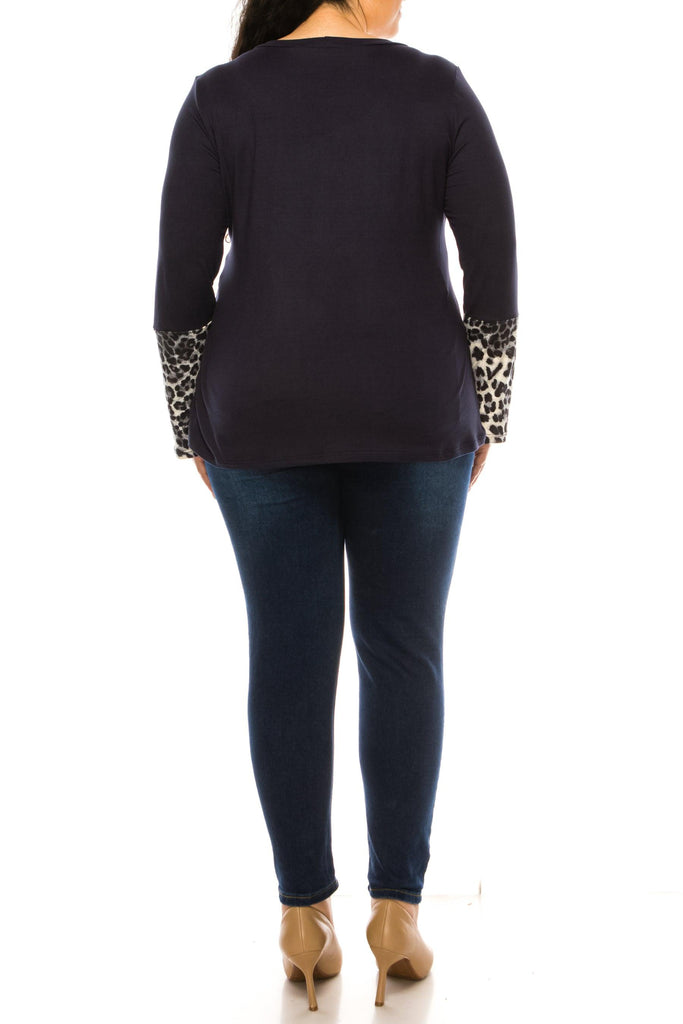 Women's Plus size long sleeve color block top with animal print accent and breast pocket FashionJOA