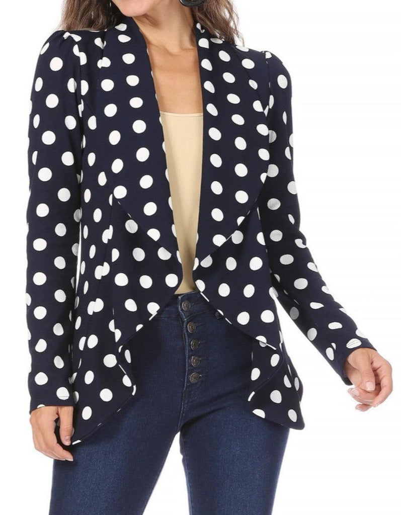 Women's Polka Dot Open Front Business Casual Work Office Long Sleeves Blazer Jacket FashionJOA