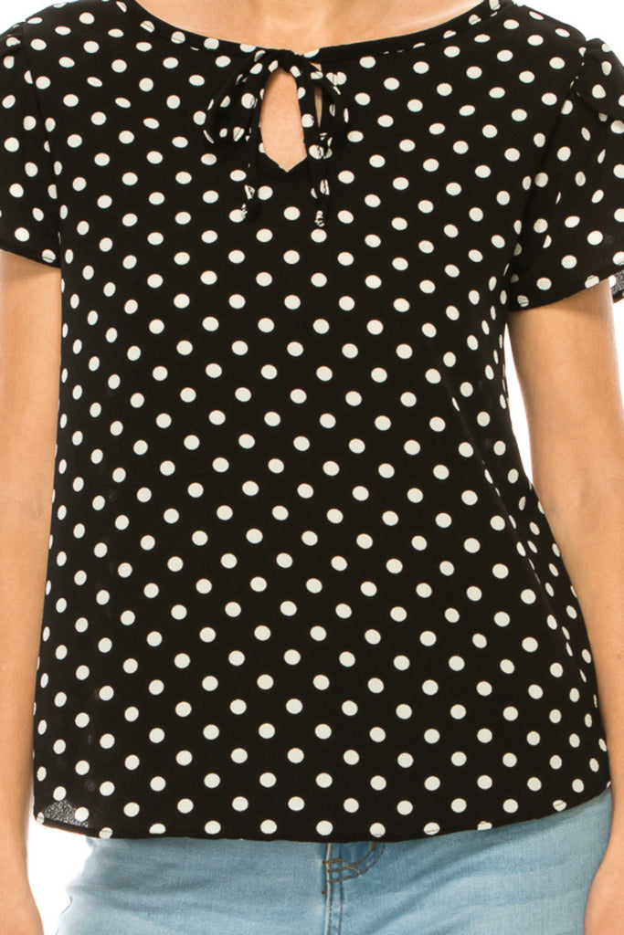 Women's Polka Dot Overlapping Short Sleeve Ribbon Accent Top FashionJOA