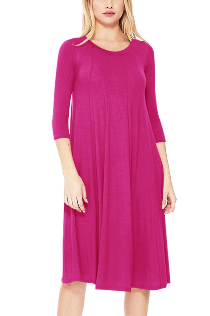 Women's Relaxed Fit 3/4 Sleeve Round Neck A-Line Long Dress FashionJOA