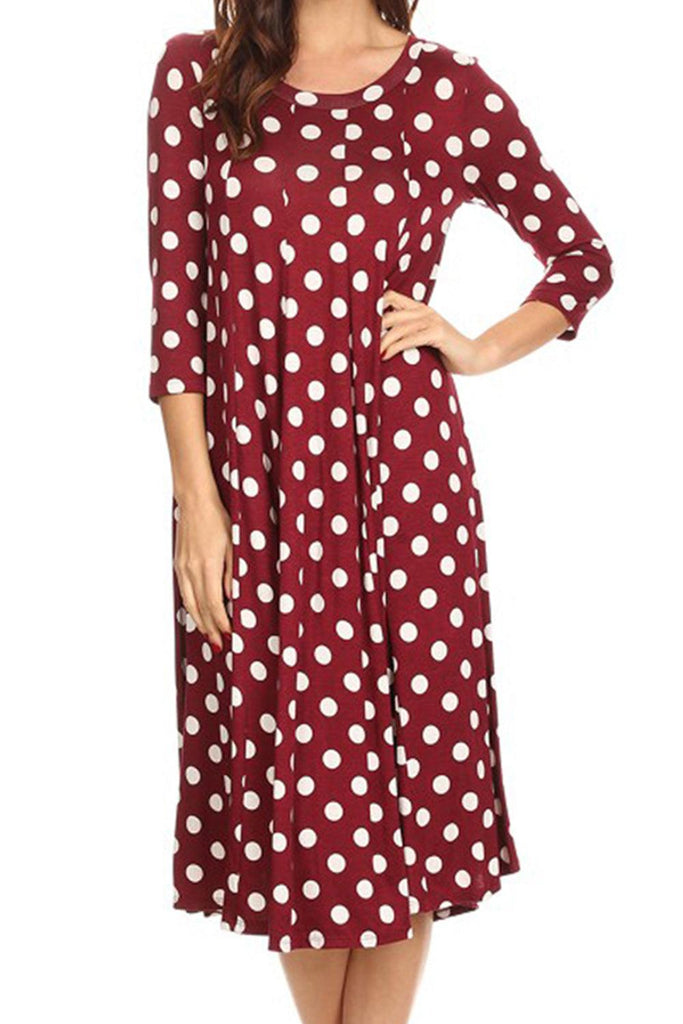Women's Scoop Neck 3/4 Sleeve Polka Dot Patterned A-Line Midi Dress FashionJOA