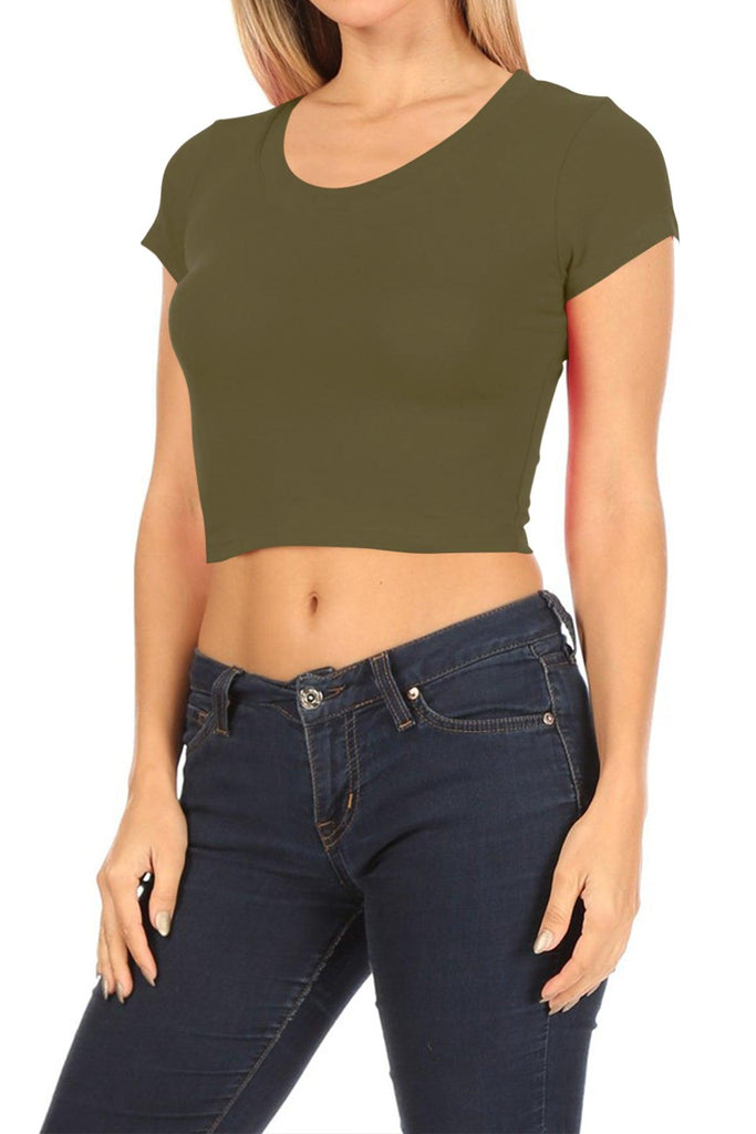 Women's Short Sleeve Stretch Lightweight Round Neck Solid Cropped Top FashionJOA