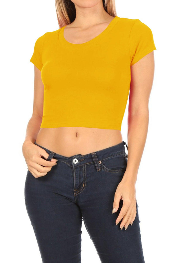 Women's Short Sleeve Stretch Round Neck Solid Cropped Top FashionJOA