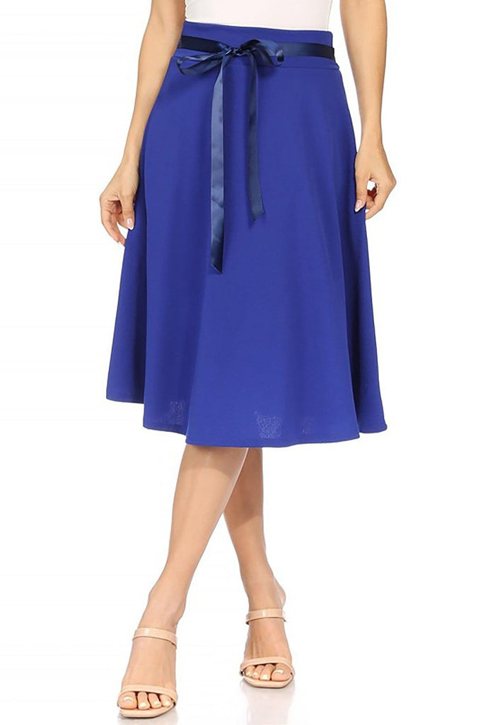 Women's Solid A-line Casual High Waist Bow Tie Belted A Line Midi Knee Length Skirts FashionJOA