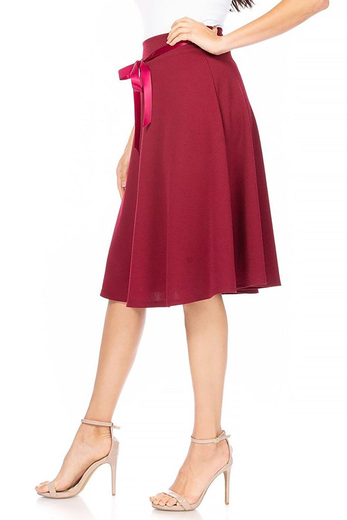 Women's Solid A-line Casual High Waist Bow Tie Belted A Line Midi Knee Length Skirts FashionJOA