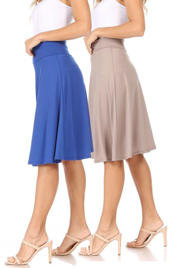 Women's Solid Flare A-line Midi Skirt with Elastic Waistband (Pack of 2) FashionJOA