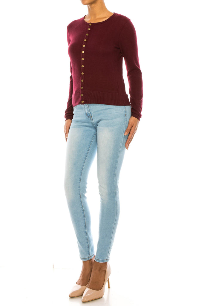 Women's Solid Long Sleeve Crew Neck Snap Button Soft Lightweight Sweater Cardigan FashionJOA