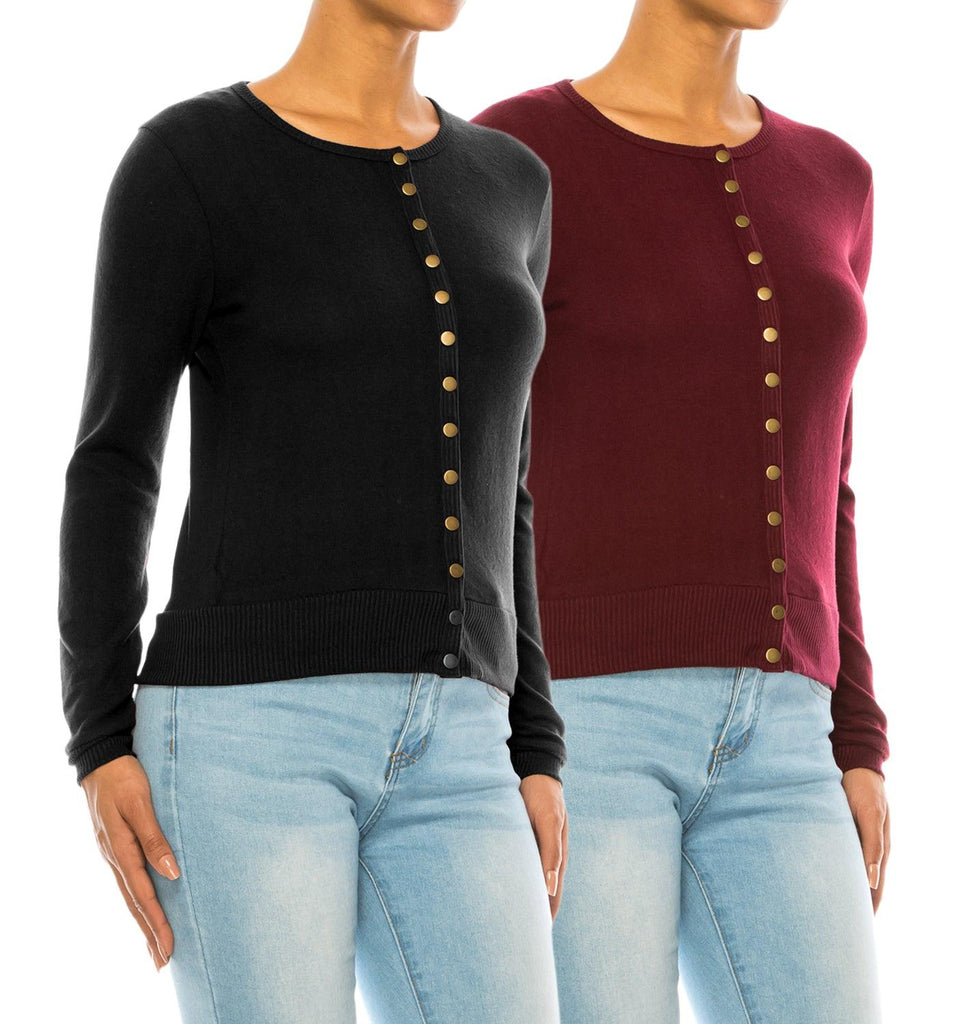 Women's Solid Long Sleeve Crew Neck Snap Button Soft Sweater Cardigan (Pack of 2) FashionJOA