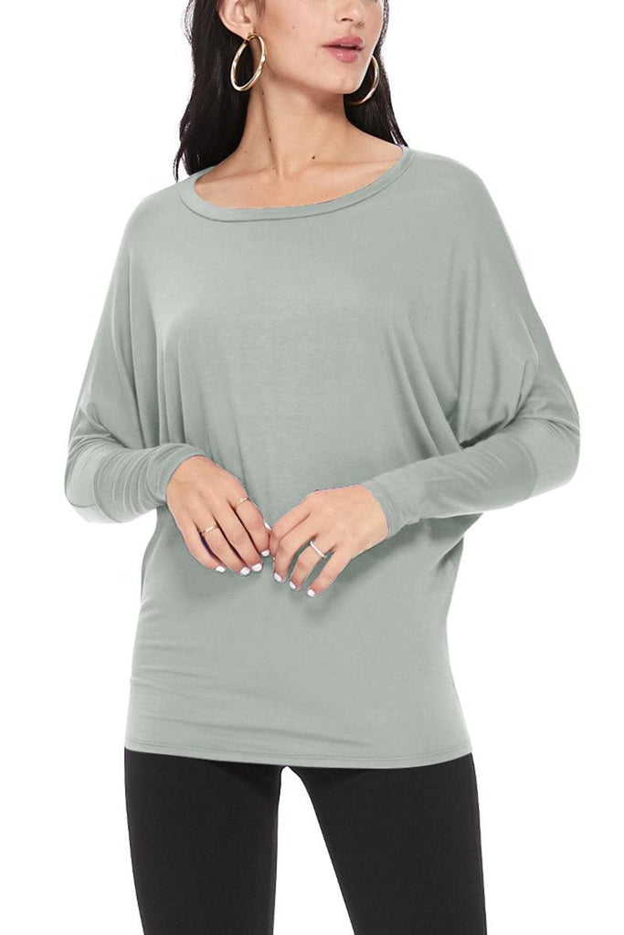 Women's Solid Long Sleeve Jersey Dolman Style Boat Neck Casual Top S-3XL FashionJOA