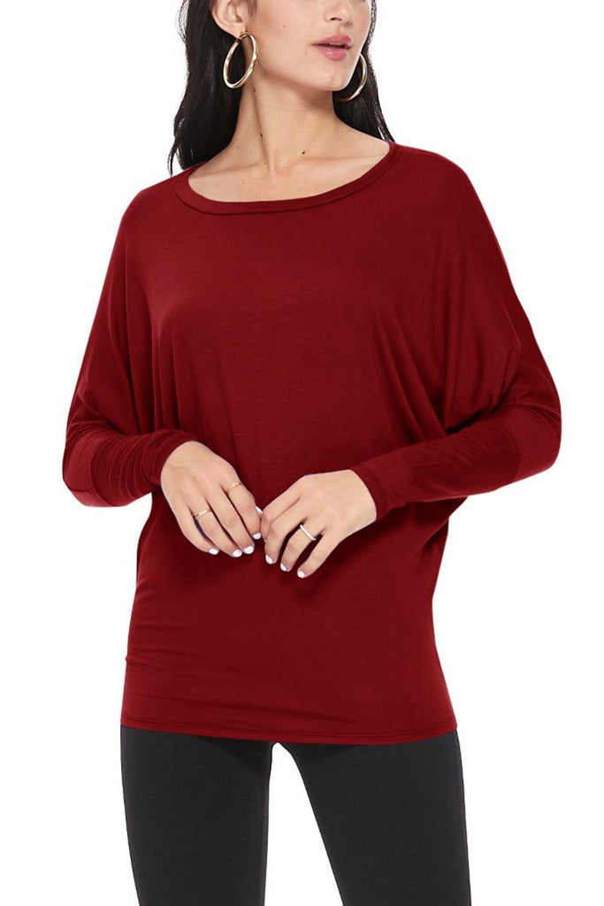 Women's Solid Long Sleeve Jersey Dolman Style Boat Neck Casual Top S-3XL FashionJOA