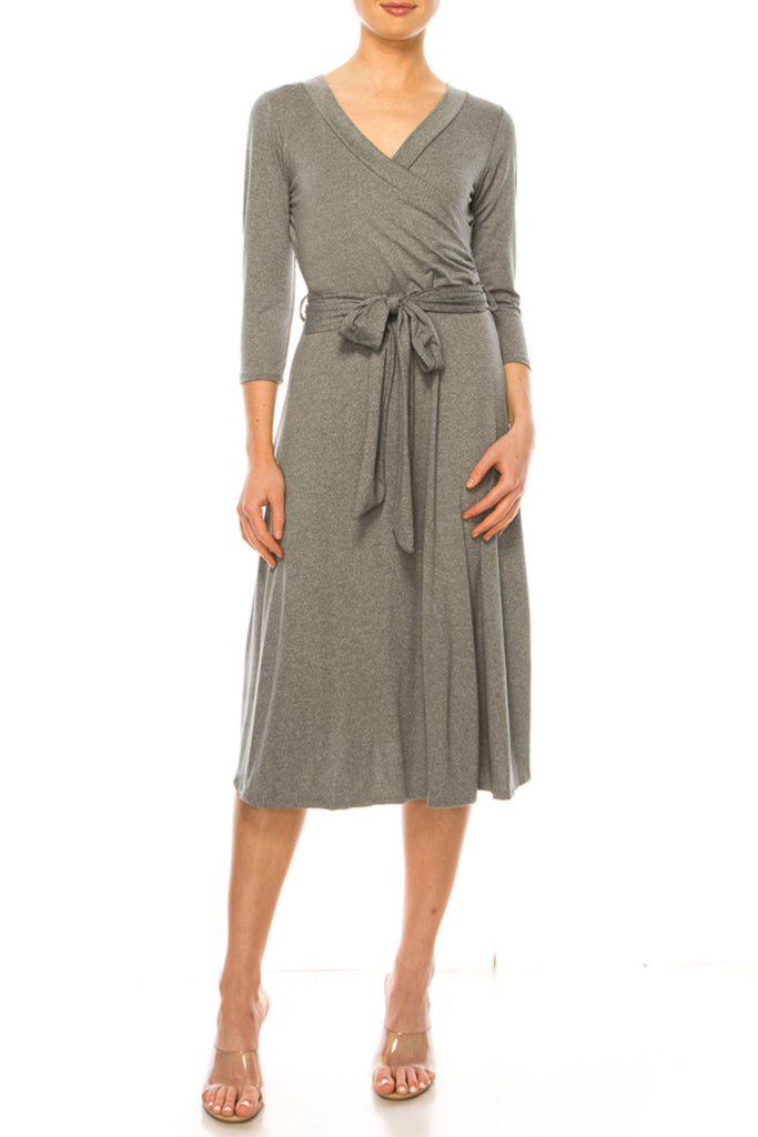 Women's Solid Wrap Dress 3/4 Sleeve V Neck Waist Tie FashionJOA