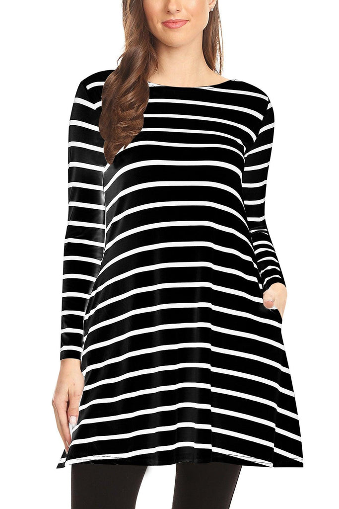 Women's Striped A-Line Pockets Long Sleeves Relaxed Fit Top FashionJOA