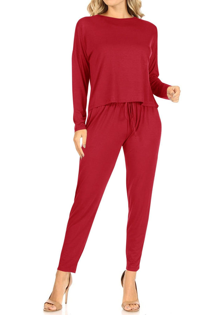 Womens Casual Lightweight Solid Jogger Pants Long Sleeves Top Loungewear Two Piece Set FashionJOA